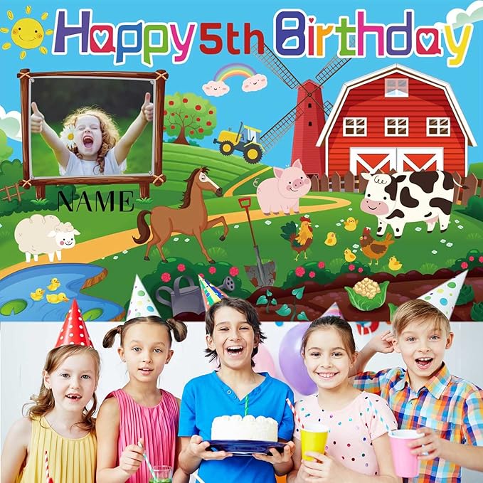 Custom Farm Animal Happy Birthday Party Decorations Supplies Personalized Farm Animal Barn Cow Farmhouse Birthday Backdrop Banner(6x9ft)