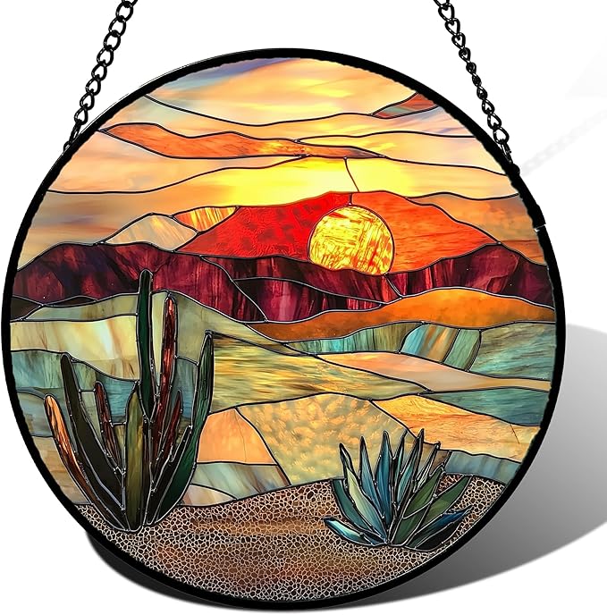 Stained Glass Window Hanging, Golden Landscape Dusk Sunset Suncatcher for Doors Window Home Cactus Sun Catchers Decoration Mother's Day Birthday Gifts for Women, Men, and Mom 11.8 in