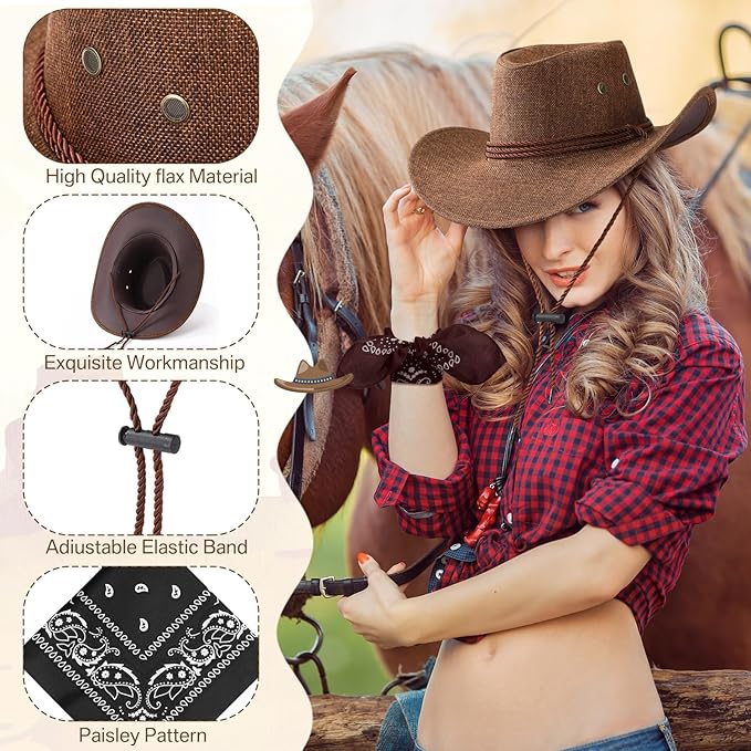 Coume 10 Set Cowboy Hat and Bandana for Women Men 10 Felt Cowgirl Cowboy Hat Bulk 10 Western Bandanas for Adult Costume Party