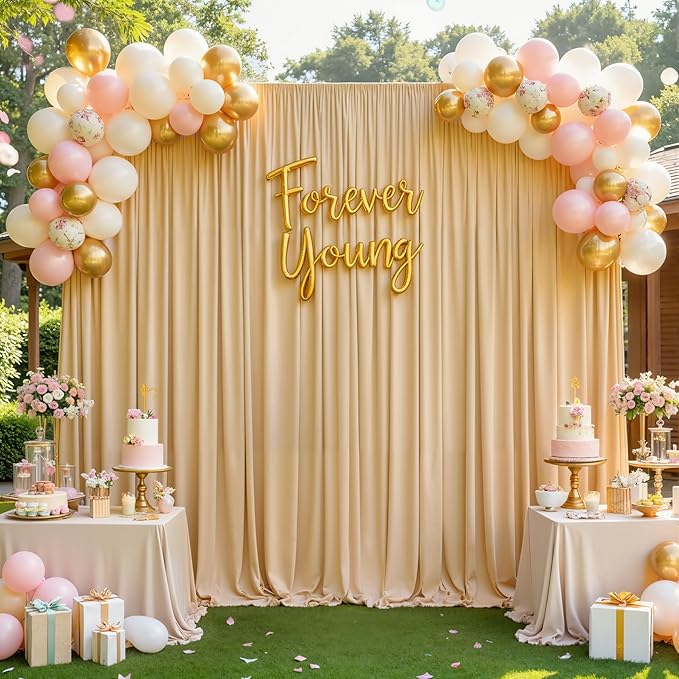 gogoparti 20x12ft Beige Backdrop Curtain for Wedding Parties, 4 Panels (5x12 ft Each) Wrinkle-Free Dackdrop Curtains, Silky Draping Fabric for Birthday Party, Baby Shower, Photo Background
