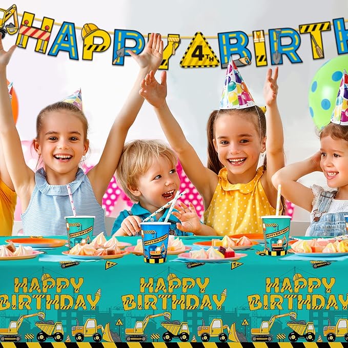Construction Birthday Party Supplies Kit - Disposable Paper Plates, Napkins, Cups, Tablecloth, & Banner - Construction Theme Birthday Party Decorations, Serve 25