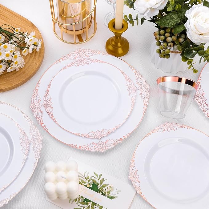 100 PCS White and Rose Gold Plastic Plates for 50 Guests, Rose Gold Disposable Plates Include 50 PCS Dinner Plates, 50 PCS Dessert Plates for Party, Wedding and Baby Shower