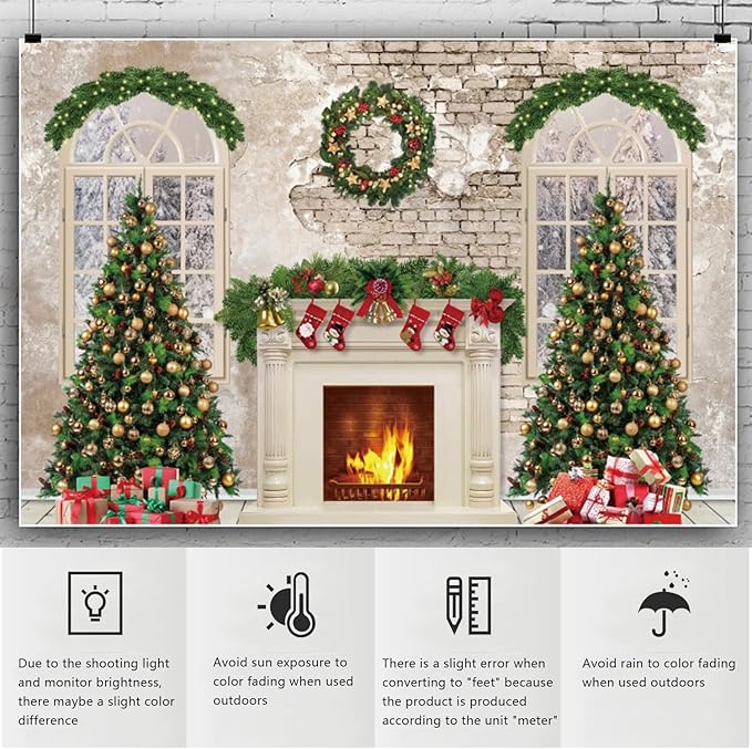 YongFoto Christmas Fireplace Backdrop 15x10ft Room Christmas Trees Red Socks Vintage Wall Photography Background New Year Xmas Eve Family Winter Holiday Party Banner Photoshoot Wallpaper Photo Booth