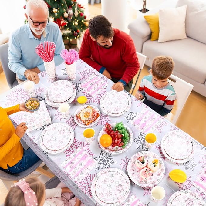 452 Pcs Pink Snowflake Party Supplies Serves 50, Pink Snowflake Paper Plates Napkins Cups Tablecloth Cutlery Straws for Christmas Winter, Baby Shower Wonderland Birthday Party Decorations