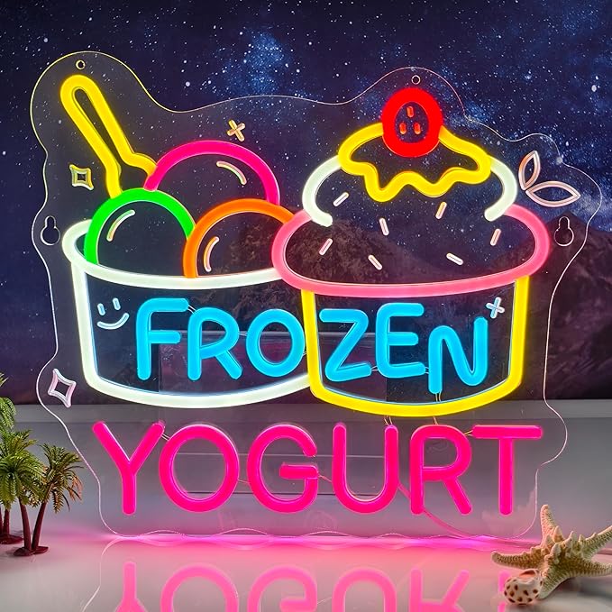 Frozen Yogurt Neon Sign, Neon Lights Hanging Wall Art Decoration for Grocery Store Supermarket Farmers Markets Ice Cream Shop, USB Powered, Ultra Bright & Dimmable, 14.96×12.6 Inches