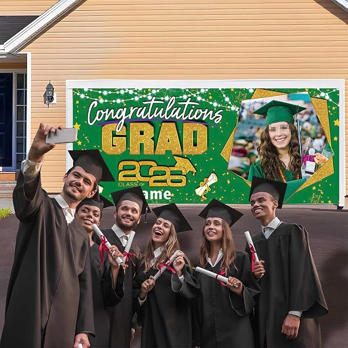 Custom Garaduation Garage Door Banner Cover 16 x 7 ft Class of 2026 Congrats Grad Party Backdrop Personalized Graduation Decoration(Dark Green and Gold)