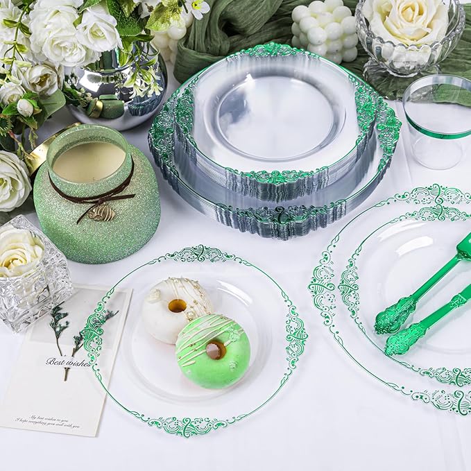 Hioasis 175pcs Clear and Green Plates - Green Party Plates for 25 Guest, Include 50 Heavy-duty Plates(20% Thicker Than Standard), 25 Pre Rolled Gold Plastic Silverware Set, 25 Cups