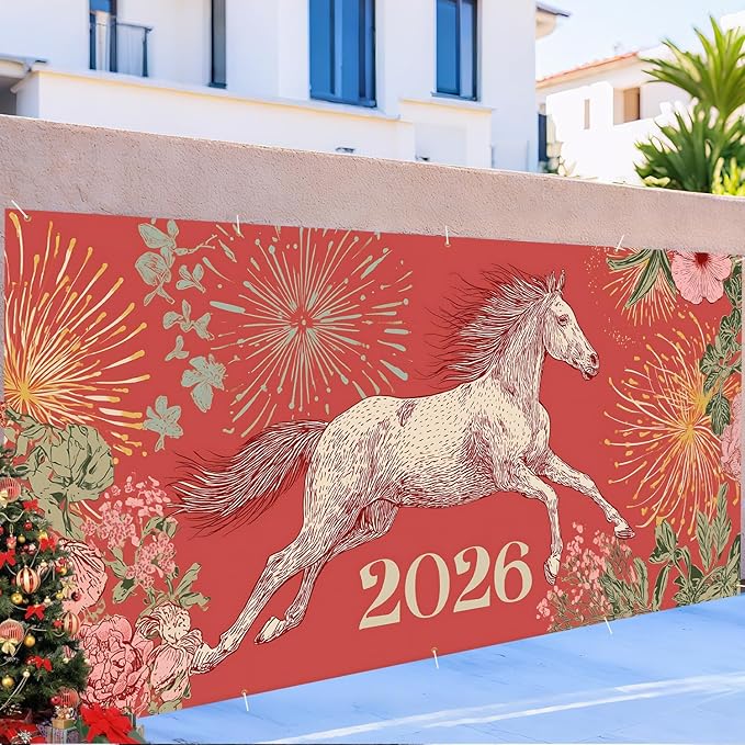 New Year Garage Door Banner 7x16FT, 2026 Fireworks and Running Horse Garage Door Cover, Large Outdoor Decoration for Garage Doors, Driveways, New Year Parties and Countdown Celebrations
