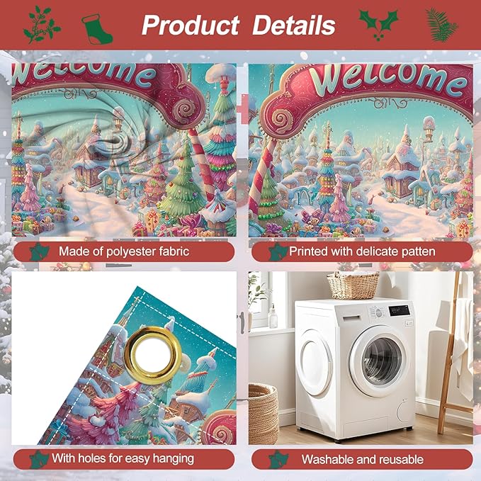 Christmas Welcome Garage Door Banner 7x16FT Candy Village Scene, Xmas Garage Door Cover for Outdoor Decorations & Holiday Parties