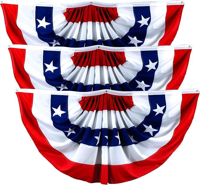 G128 – 3 Pack: USA Pleated Fan Flag, 3x6 Feet American USA Bunting Decoration Flags PRINTED Patriotic Stars & Stripes with Canvas Header and Brass Grommets