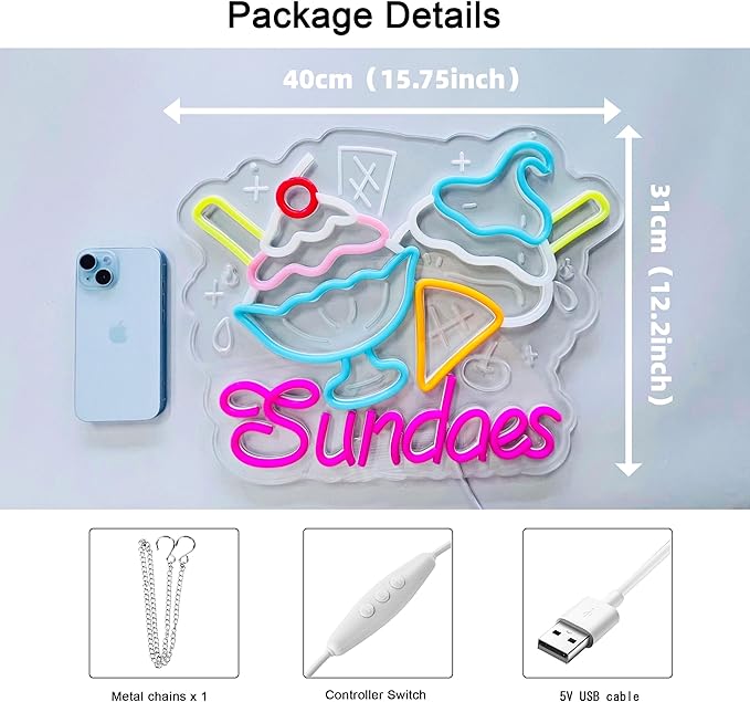 Sundaes Neon Sign, Neon Lights Hanging Wall Art Decoration for Ice Cream Dessert Shop Café Yogurt Store Summer-themed Event Home Decor, USB Powered Ultra Bright Dimmable, 15.75×12.2inches