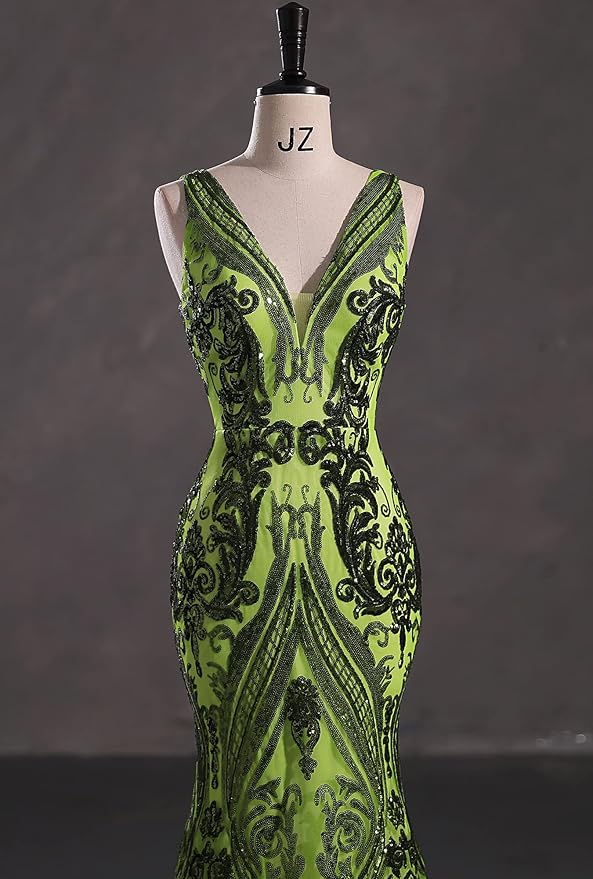 Women's Double V-Neck Sequins Lace-up Mermaid Evening Dress