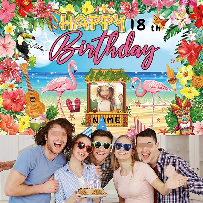 AUBAO Custom Happy Birthday Banner Flamingo Themed Party Decoration Backdrop Party Supplies Tropical Floral Photo Booth Hawaiian Themed Party Decoration for Luau Beach (6x9ft)