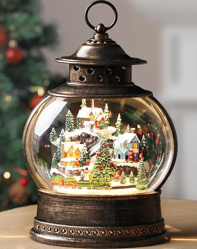 Village Snow Globe 12 Inch Christmas Snow Globe Lantern, Lighted Christmas Decorations Indoor with Music Timer Glitter, Navidad Musical Train Snowglobe Home Decor, USB or Battery Operated
