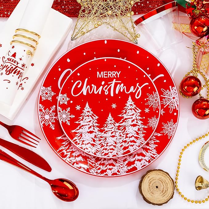 I00000 210Pcs Christmas Plastic Plates - Red Disposable Plates with Red Plastic Silverware Include 60 Plates, 30 Forks, 30 Knives, 30 Spoons, 30 Cups, 30 Napkins for Xmas Party