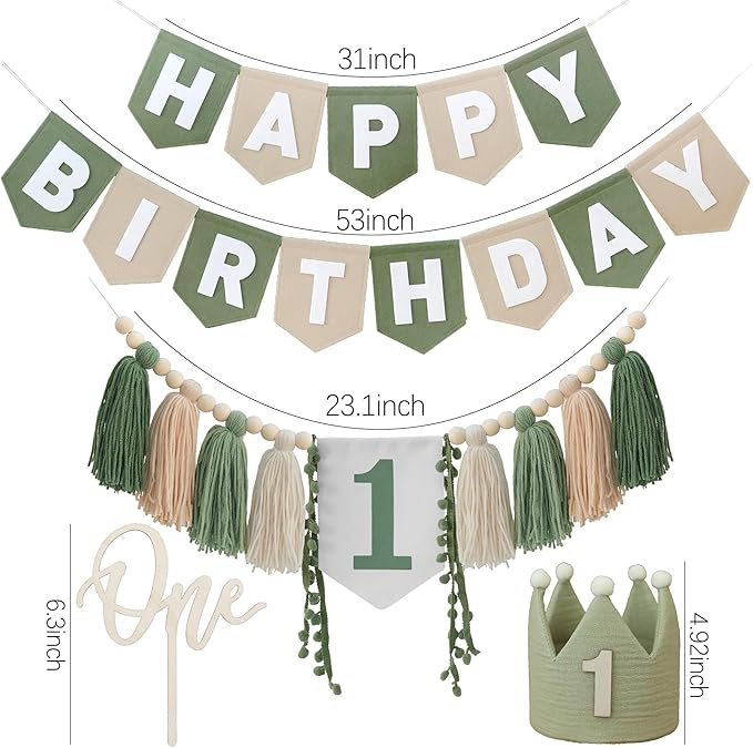 Wild One High Chair Banner Felt Green Happy Birthday Banner Pre-Strung Birthday Party Decorations For Boy 1st Birthday Decoration