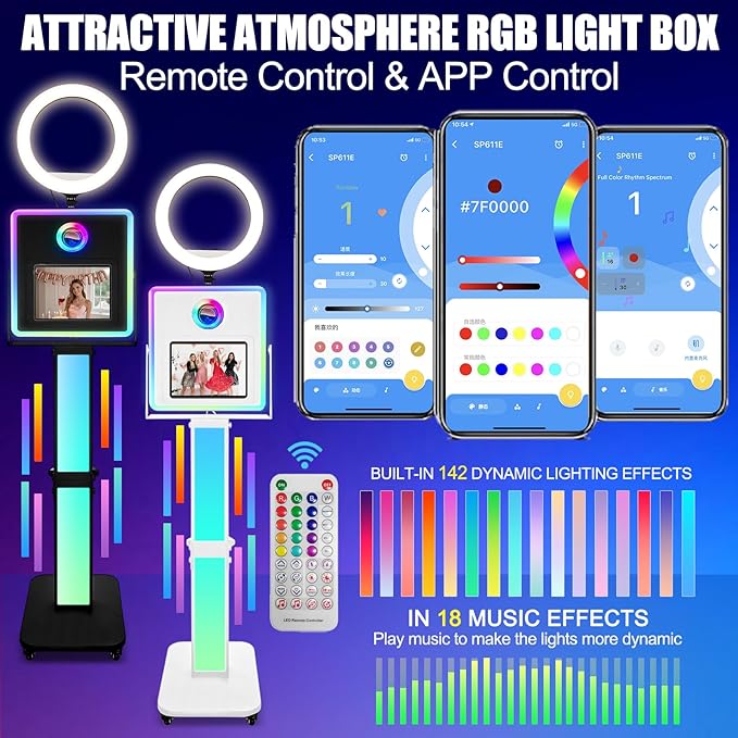Photo Booth for iPad 10.2" 10.9" 11" 12.9" & Camera,2-in-1 Selfie Station Shell Stand Camera Photobooth Machine,App Control RGB Fill Light,for Parties,Rental Business (Black + Honeycomb Box)