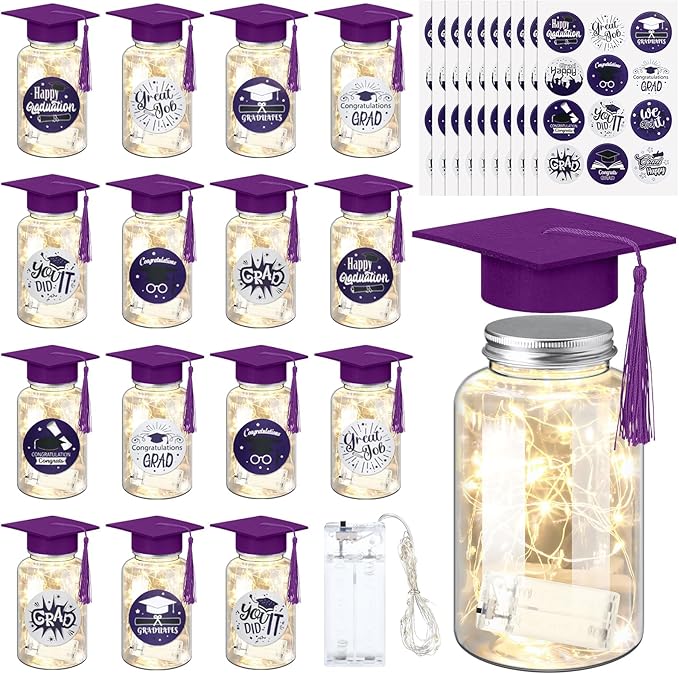 Boao 16 Sets Graduation Table Decoration Set with LED Light up Graduation Decorations for Class of 2026, Grad Jar, Felt Grad Hat and Stickers for High School College(Purple)