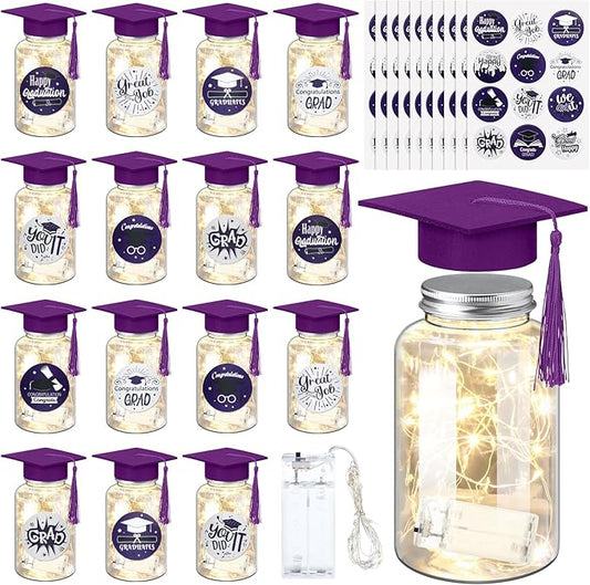 Boao 16 Sets Graduation Table Decoration Set with LED Light up Graduation Decorations for Class of 2026, Grad Jar, Felt Grad Hat and Stickers for High School College(Purple)