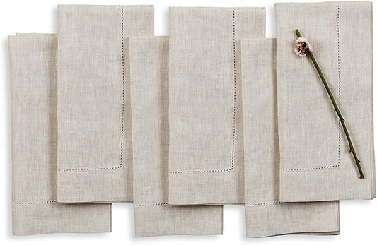 Solino Home Light Natural Linen Napkins Set of 6-100% Pure Linen Hemstitch Dinner Napkins 20 x 20 Inch for Spring, Easter - Classic Hemstitch