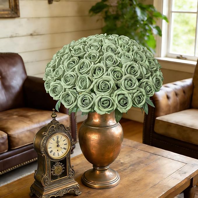 50 PCS Green Roses Artificial Flowers, Fake Roses with Stem Realistic Silk Roses for DIY Wedding Bouquets Tables Centerpieces Arrangements Baby Shower Birthday Home Decor Valentine's Day Gift for Her
