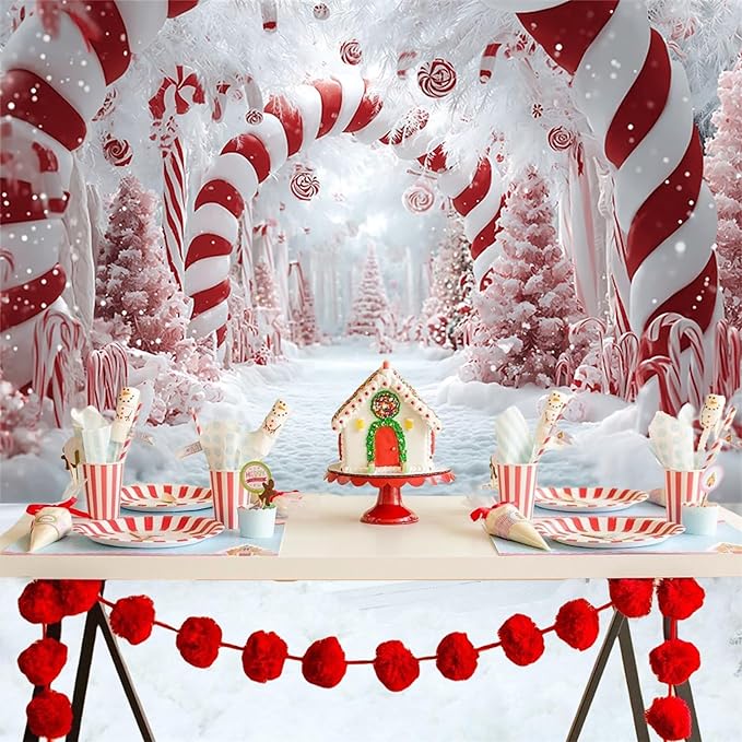 Baocicco 10x6.5ft Merry Christmas Candy Cane Backdrop Photography Red and White Candyland Fairy Fantasy Xmas Background Winter Holiday Family Party Decorations New Year Eve Party Banner Photoshoot