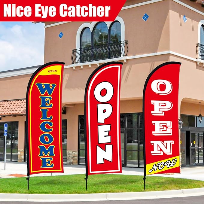 Buryeah 3 Sets Now Open Feather Flag Banner for Business Advertising 7 Feet Tall Grand Opening Feather Flag Sign with Fiberglass Pole Kit Rotating Ground Spike and Portable Bag(Red)