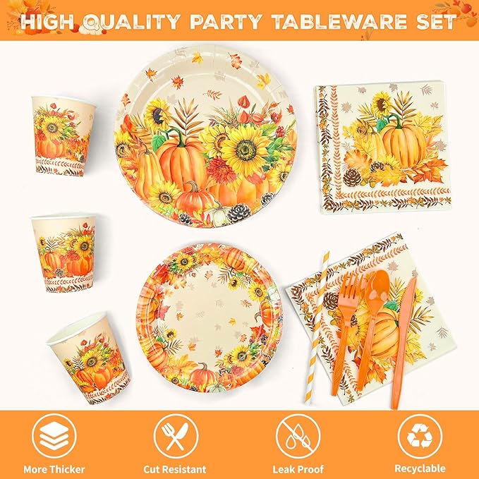 194Pcs Thanksgiving Disposable Dinnerware Tableware,Thanksgiving Paper Plates and Napkins Sets-Fall Thanksgivings Party Supplies with Tablecloth & Banner & Cups for Fall Party Decor, Serves 24