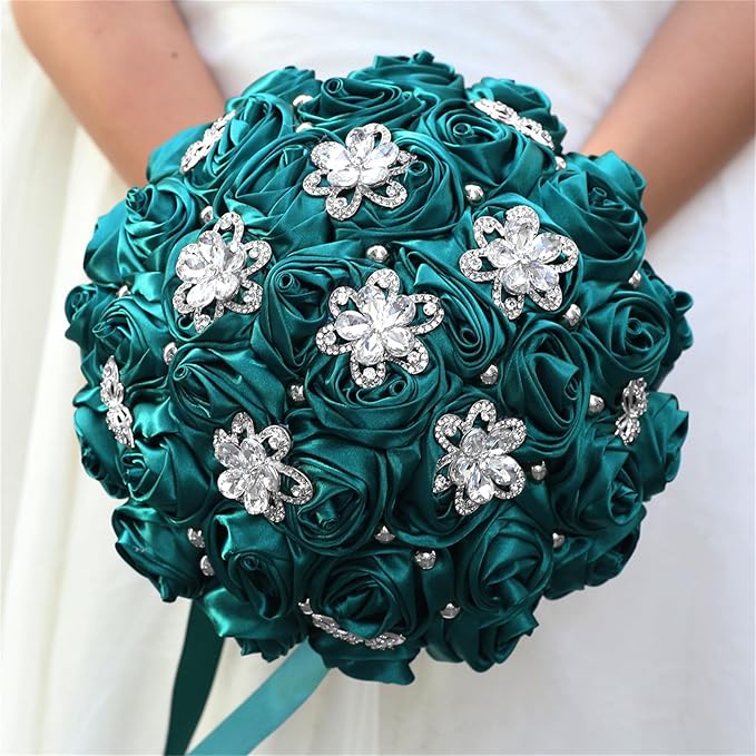 Bridal Wedding Bouquet for Bride Bridesmaid Wedding Quinceanera Throw Toss Artificial Rose Flower Bunch with Bling Brooch (AS#DarkGreen, Large (Dia. 9.8"/24cm))