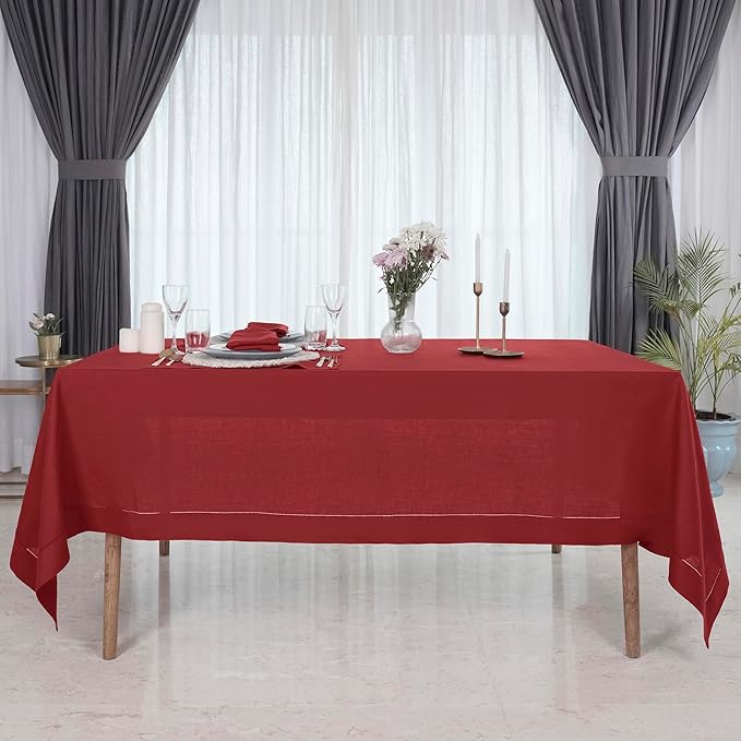 D'Moksha Homes Red Linen Tablecloth for Rectangle Tables 60 x 90 Inch - 100% Pure Linen Red Table Cloth - Classic Hemstitch, Machine Washable Tablecloth for Valentines, Spring