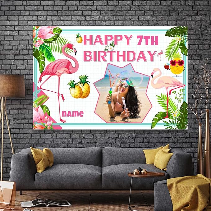 Custom Flamingo Hawaiian Tropical Happy Birthday Party Decorations Supplies Personalized Flamingo Hawaiian Tropical Birthday Luau Party Backdrop Banner(6x9ft)