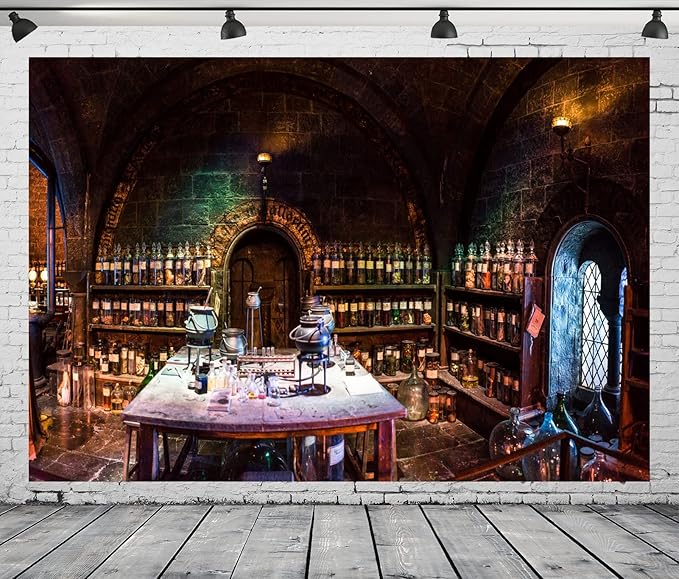 BELECO 10x8ft Fabric Vintage Chemistry Lab Backdrop Magic School Laboratory Potions Classroom Background Spooky Witch's Room Halloween Party Decorations Mad Scientist Lab Party Banner Photo Props