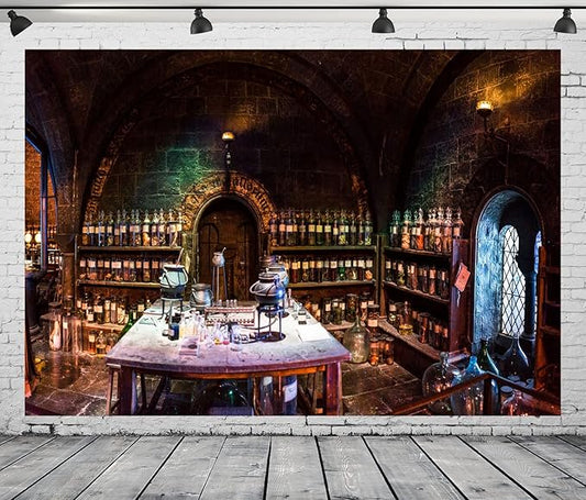BELECO 15x8ft Fabric Vintage Chemistry Lab Backdrop Magic School Laboratory Potions Classroom Background Spooky Witch's Room Halloween Party Decorations Mad Scientist Lab Party Banner Photo Props