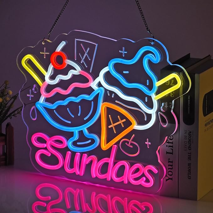 Sundaes Neon Sign, Neon Lights Hanging Wall Art Decoration for Ice Cream Dessert Shop Café Yogurt Store Summer-themed Event Home Decor, USB Powered Ultra Bright Dimmable, 15.75×12.2inches