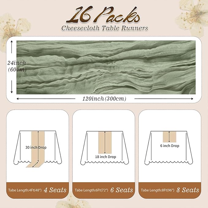 16Pack Green Cheesecloth Table Runners – Boho Gauze Vintage Table Decor, 120 Inch Long Rustic Cloth Runner for Wedding, Bridal Shower, Birthday, Romantic Party 10Ft (Dusty Green, 24" x 120"-16Packs)