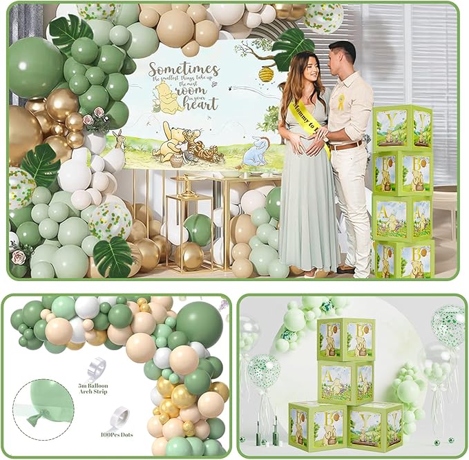 132pcs Classic Winnie Baby Shower Decorations Kit, All-in-1 Vintage Winnie Party Supplies Decorations, Classic The Pooh Backdrop Cake Topper, Winnie Baby Tablecloth Box Decorations for Baby Shower