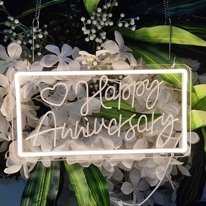 Happy Anniversary Neon Sign,Happy Anniversary Led Signs, Decoration Neon Lights for Bar Pub Christmas, Restaurant, Bedroom Wall Decor Cute Neon Signs Gift Engagement Birthday Wedding Party,SIGNVIA,39*20cm
