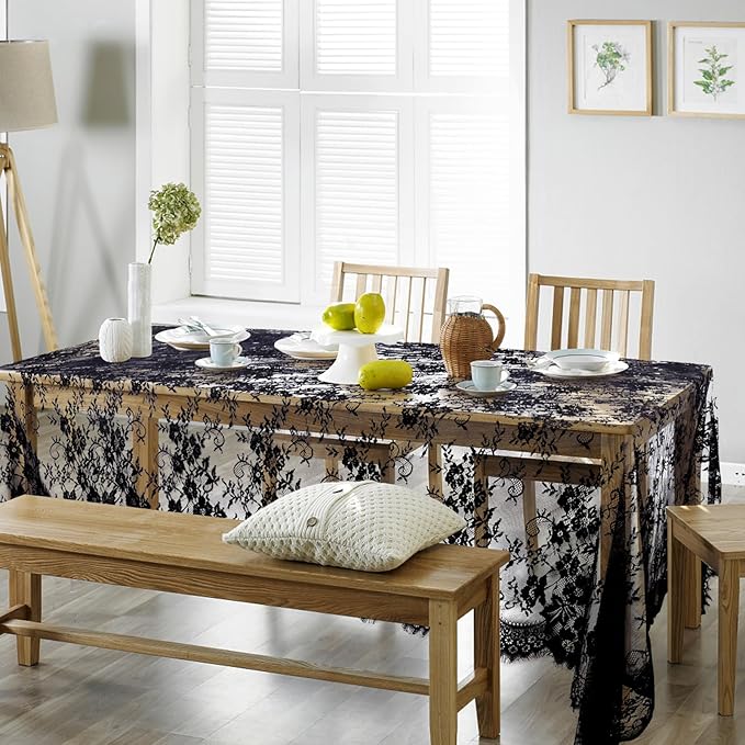 Fowecelt 5 Pack Black Lace Tablecloth 60 × 120 Inch for Rustic Boho Wedding Bridal Shower Party Decoration, Classy Rectangle Overlay Long Vintage Embroidered Reception Table Cloth Decor