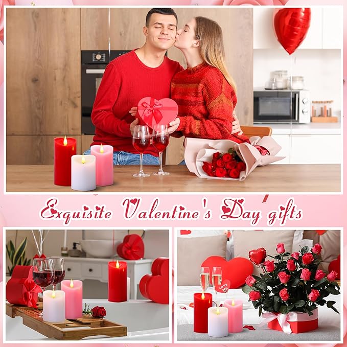 Retisee 3 PCS Valentine's Day Heart Pillar Candle - 4" 5" 6" LED Battery Operated Flameless Candle with Remote for Valentine Women Romantic Home Weeding Decoration Gift(Red, Pink, White)