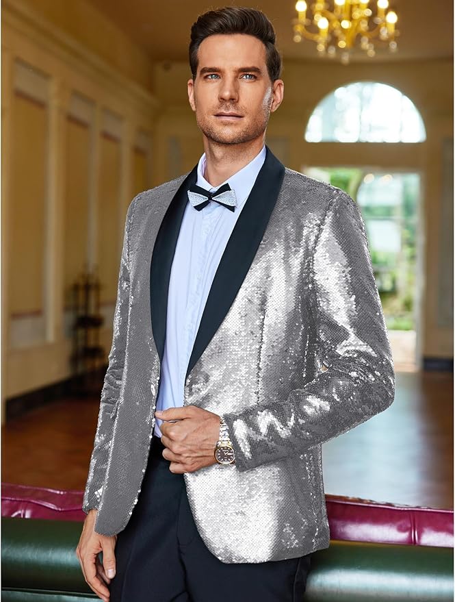 COOFANDY Mens Shiny Sequin Blazer Tuxedo Party Dinner Prom One Button Suit Jacket