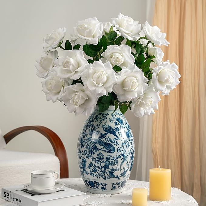 Artificial Flowers Artificial Roses Fake Roses 23.2In Long Stem Artificial Flowers for Tall Vase Silk Rose 20PCS Suitable for Wedding Party Decor Valentine's Day DIY Bouquet Spring,White