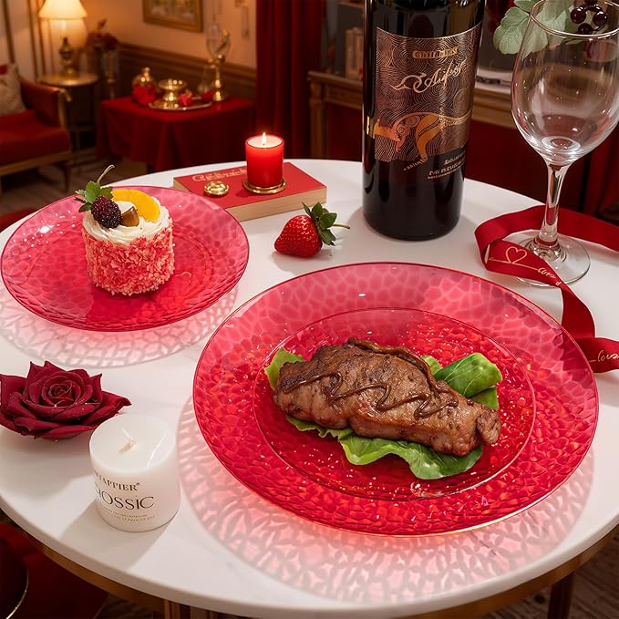 Rubtlamp 60 Pcs Red Plasitc Plates, Heavy Duty, Disposable,Clear Red Disposable Plates, Hammered Plastic plates Include 30 Dessert Platos, 30 Dinner Platos for Party