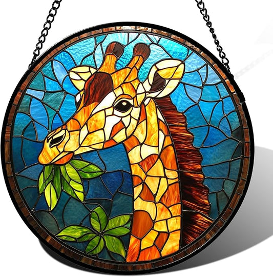 Stained Glass Window Hanging Orange Giraffe Blue Green Leaves 9.8" - Suncatcher Door Garden Sunroom Sun Catcher Home Decor Birthday Christmas for Mom Men Woman Nana
