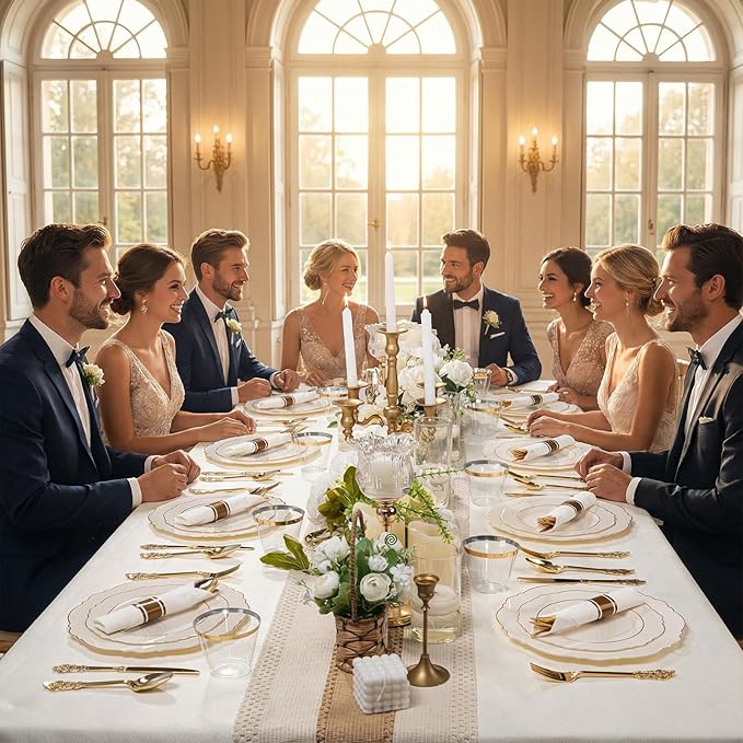 Liacere 350PCS Ivory Plastic Plates - Cream Disposable Plates With Gold Rim - 50Guest Baroque Plastic Dinnerware include 100 Plates - 50 Pack Pre Rolled Napkins with Silverware 50Cups for Easter