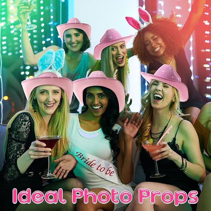 Coume 12 Pcs Sparkly Adults Cowboy Hat and Bandanas Women Men Western Glitter Cowgirl Party Hats with Adjustable Drawstring