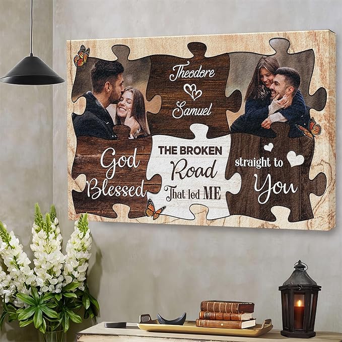 Dem Canvas Personalized Couple Canvas Prints, Custom Love Photo And Name, Puzzle Piece Frame God Blessed The Broken Road, Wedding Gifts For Couple Anniversary Engagement Gift For Couples