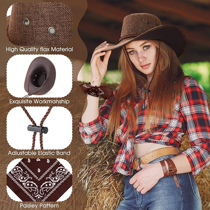 Zhanmai 12 Pcs Cowboy Hat and Bandana Cowboy Cowgirl Hats Bulk Western Party Costume Halloween Accessory