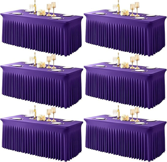 6 Packs Purple Table Clothes for 8 Foot Rectangle Tables, One-Piece Wrinkle Resistant Stretch Spandex Table Covers with Skirt for Event Banquet Wedding Birthday Party