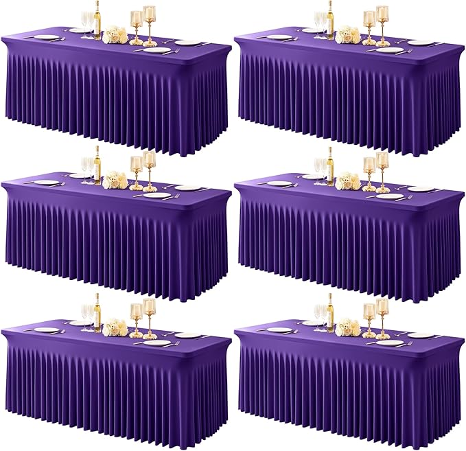 6 Packs Purple Table Clothes for 6 Foot Rectangle Tables, One-Piece Wrinkle Resistant Stretch Spandex Table Covers with Skirt for Event Banquet Wedding Birthday Party