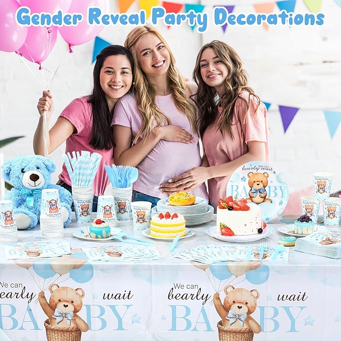 452 Pcs We Can Bearly Wait Baby Shower Decorations, Blue Bear Paper Plates Napkins Cups Tablecloth Cutlery Straws for Blue Baby Shower Gender Reveal Birthday Party Supplies, Serves 50